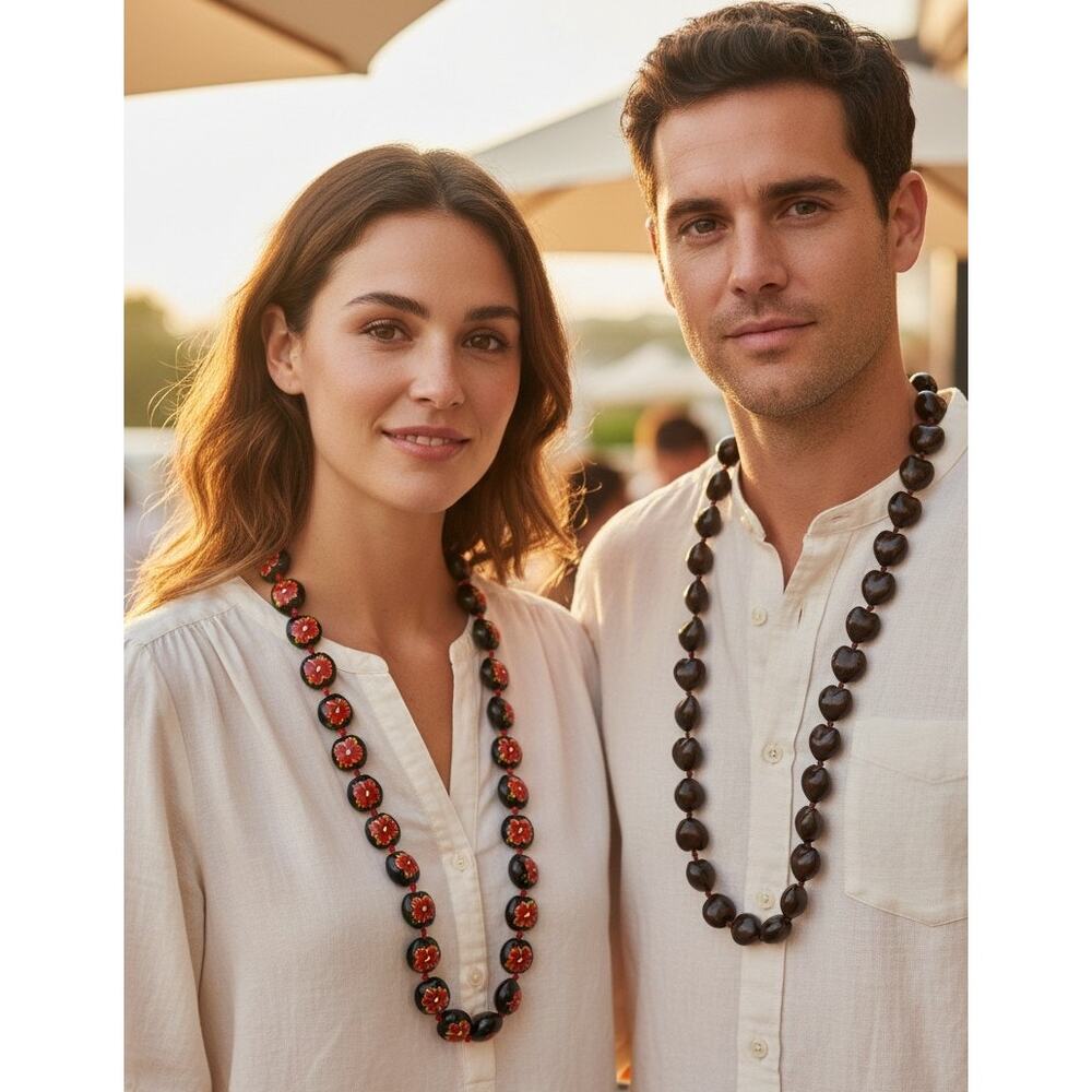 Retro Hawaiian Kukui Nut Necklace Set Mens Womens Brown Black Floral Painted Tie